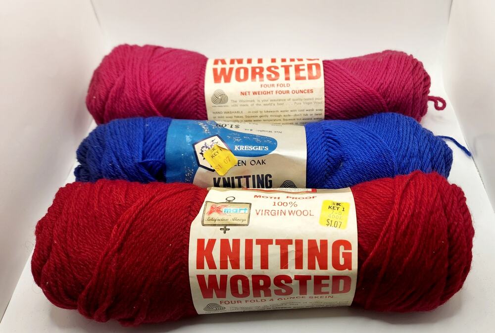 Vintage Virgin Wool Yarn Lot 3 Skeins 4 oz Worsted Red Blue Pink Musty